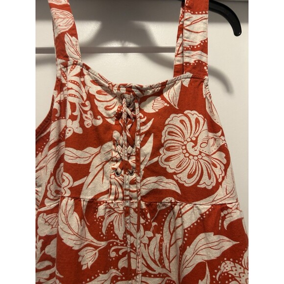 Who What Wear Womens Large Linen Lace Up Midi Tank Dress Red Orange White Floral - Picture 3 of 7